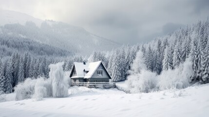 Picturesque, beautiful winter landscape of mountains and forest, snow-covered valley with a small house for privacy.