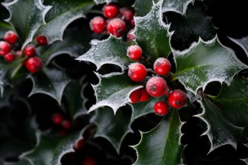 Common Holly bush with spiky leaves and red berries, covered in winter frost, a traditional Christmas decorative plant