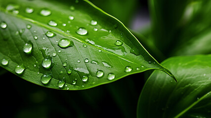 A close up image of lush green plant leaves adorned with fresh water droplets set against a dark backdrop. Generative AI.