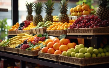 Fototapeta na wymiar Apples, lemons, oranges, pomegranates, pineapples, peaches and strawberry. Various fruits in a street market