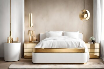 Minimalist white and gold bedside tables with built-in smart functions in a serene, abstract bedroom.