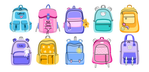 Cartoon kids backpacks. Colorful school bags for textbooks and stationery, college students accessories, funny childish elements, vector set