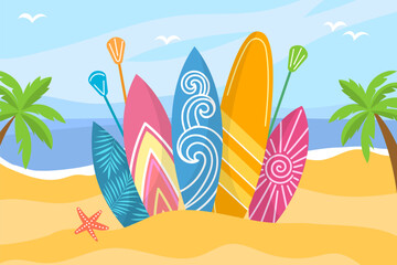 Color surfboards standing on beach. Extreme water sport, hobbies objects, patterned boards on summer sand, ocean activities, vector concept