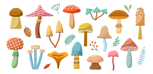 Cute cartoon mushrooms. Different forest fungi, edible and poisonous, fresh natural vegetables products, organic fairy food, vector set