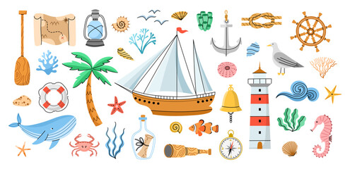 Cute sea and ocean elements. Underwater and coastal objects, marine animals and seaweeds, sailing vessel, ship and lighthouse, vector set - obrazy, fototapety, plakaty