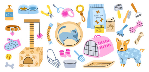 Different pets shop elements. Cartoon animals care accessories, bowls, carriers and collars, cat and dog food, toys and bowls, vector set