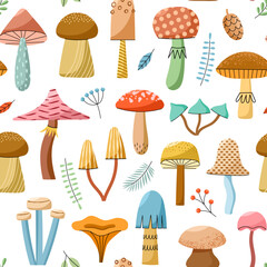 Forest mushrooms pattern. Repeated fungi elements, cartoon objects, organic items wallpaper, poisonous, edible, vector seamless background