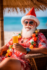 Santa Claus sitting in a beach chair on a tropical beach, holding a cocktail drink and relaxing in the sun. Concept of celebrating Christmas somewhere warm. Shallow field of view with copy space.
