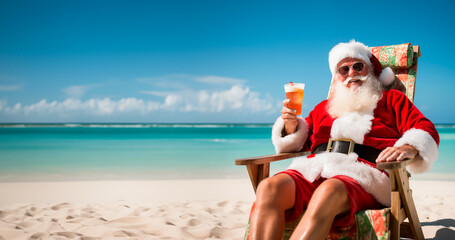 Santa Claus sitting in a beach chair on a tropical beach, holding a cocktail drink and relaxing in the sun. Concept of celebrating Christmas somewhere warm. Shallow field of view with copy space.