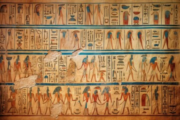 Ancient Egyptian hieroglyphic wall drawings. Old historical graved ornaments in temple. Generate ai