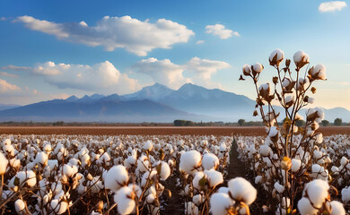 A beautiful cotton field with fluffy white balls. - obrazy, fototapety, plakaty