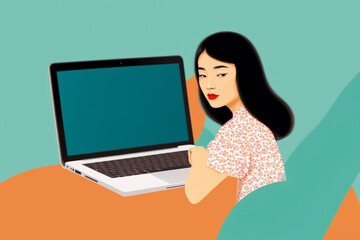 Naklejka premium An asian woman working on laptop. Empowered Excellence. Asian Woman's Digital Work Journey. Generative AI