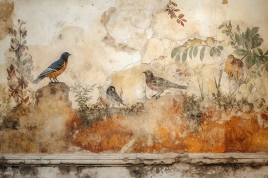 Ancient fresco painting with birds. Wall old mural colorful painting scene with birds in nature. Generate ai