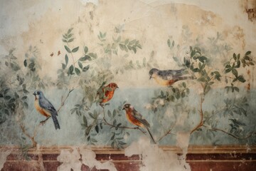 Ancient wall fresco with birds in garden. Mural colorful natural painted scene with spring birds. Generate ai