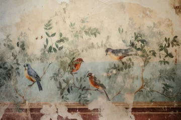 Foto op Plexiglas Ancient wall fresco with birds in garden. Mural colorful natural painted scene with spring birds. Generate ai © nsit0108