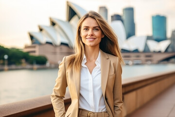 Naklejka premium Young businesswoman wearing business suit while standing next to sydney harbor bridge with sydney opera house in the background.
