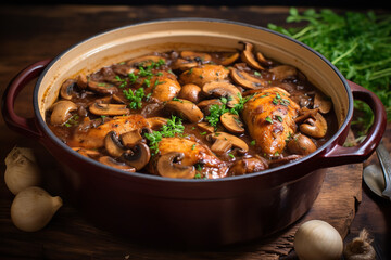  A testament to French comfort food, coq au vin emanates inviting aromas of wine-braised chicken, intertwined with earthy mushrooms and caramelized onions.