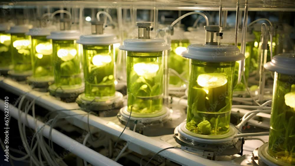 Poster a detailed image depicts a large array of photobioreactors filled with algae. the photobioreactors u