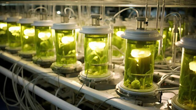 A detailed image depicts a large array of photobioreactors filled with algae. The photobioreactors utilize sunlight to promote the growth of microalgae, which can be used in the bioconversion