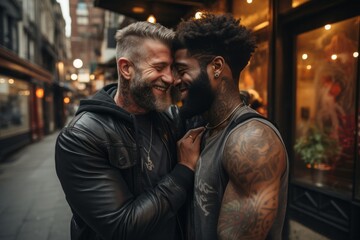 A Tender Embrace: A Painting of Love, Acceptance, and Connection. Two gay men kissing and sharing an intimate moment with each other. LGBTQI+ Love  - obrazy, fototapety, plakaty
