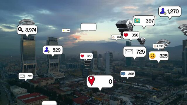 Social media icons fly over city downtown showing people engagement connection through social network application platform . Concept for online community and social media marketing strategy . High