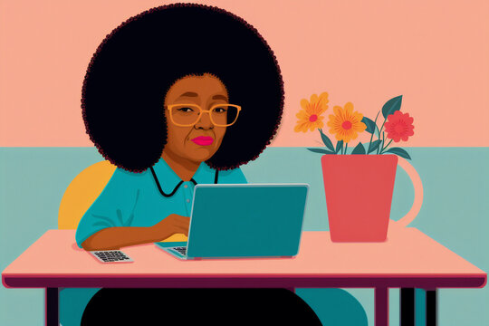 A black woman working on laptop. Redefining Boundaries. Black Woman's Digital Work Journey. Generative AI