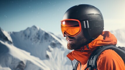 Portrait of a happy, smiling male snowboarder against the backdrop of snow-capped mountains at a ski resort, during vacation and winter holidays.