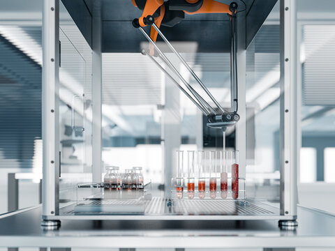 Lab grown beef in test tubes: Exploring in-vitro meat production with pick and place robot - 3D render
