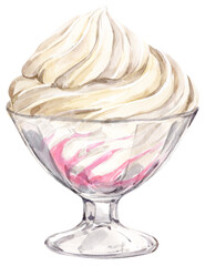 Whipped cream in a dessert glass. Watercolor illustration. Vanilla ice cream with berry topping in a transparent container. Summer sweet refreshing dish, winter frozen yogurt.
