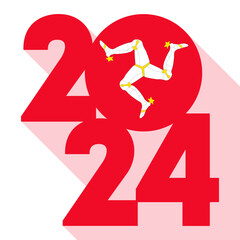 Happy New Year 2024, long shadow banner with Isle of Man flag inside. Vector illustration.