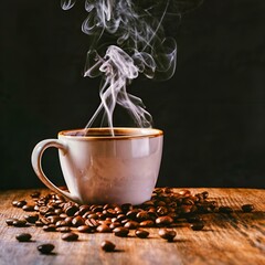 A hot coffee and coffee beans next to it on a white wooden table.