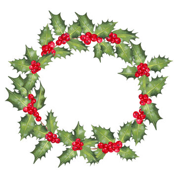 Christmas wreath made of red holly berries with green leaves. Decor for the New Year, Christmas and seasonal holidays. Traditional winter garland. Merry Christmas holiday design.Handmade isolated art.