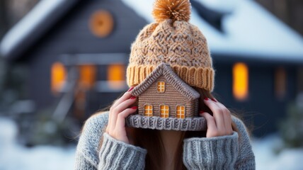 a woman with a knitted hat and a knitted house as an energy saving concept and for insulation and insulation concepts