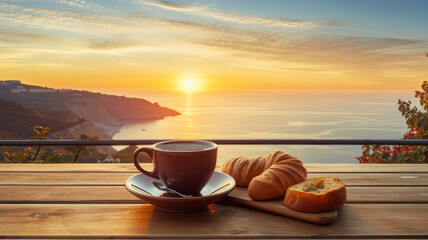 Travel,sea view,coffee mug and bread on a wooden table with the sunset