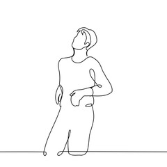 man stands leaning on his bent elbows and looks up - one line art vector. concept relaxation, idleness, satisfaction