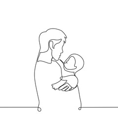 man stands holding baby - one line art vector. concept a young father or older brother carries a baby in his arms