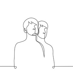 men stand next to each other - one line art vector. concept friends, brothers, colleagues, male support