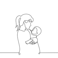 woman stands holding baby, they look at each other - one line art vector. concept a young mother or older sister carries a baby in her arms