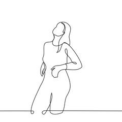 tall woman stands leaning on his bent elbows and looks up - one line art vector. concept relaxation, idleness, satisfaction