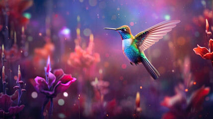 Fototapeta premium Glistening hummingbird sipping nectar amidst a dreamy, bokeh flower field Ai Generative