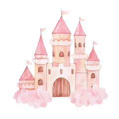 Fototapeta premium Watercolor illustration of a pink castle in the clouds. Hand drawn. For children's design.
