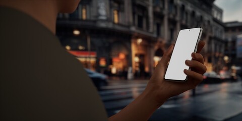CU Caucasian male using his phone in the street, evening, blank screen mockup