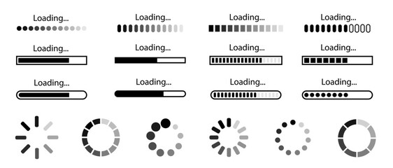 Loading bar icons. Set loading bar progress icon. Circle loader collection. Loading status on white background. Vector illustration.