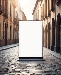 blank white, External model of a blank informational billboard on patterned paver stone; a deserted alleyway vertical street banner template - obrazy, fototapety, plakaty