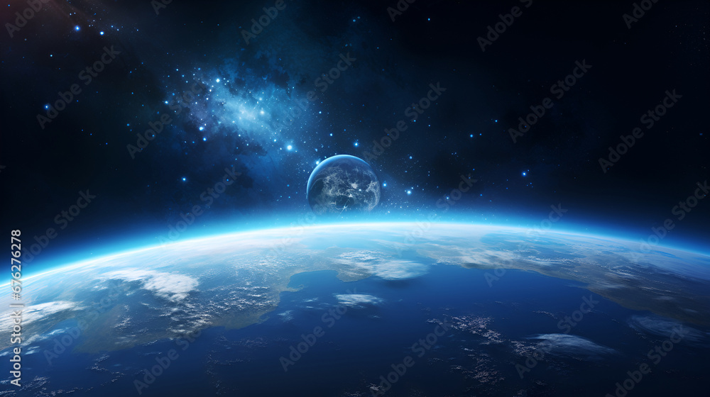 Wall mural close-up of the surface of planet earth in deep space with the moon in orbit. wallpaper from dark sp