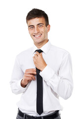 Happy businessman, portrait and professional tie in confidence against a white studio background. Young man, model or confident employee standing with smile for career ambition or mindset on mockup