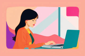 A woman working on a laptop.The Modern Woman in a Digital Era. Generative AI