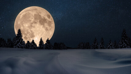 Amazing beautiful big moon in the night sky with stars and winter forest with snow. Winter holidays...