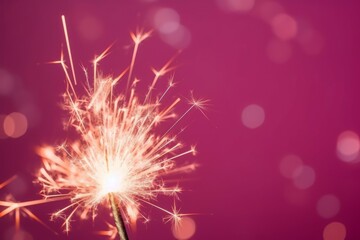 Bright burning sparkling stick on pink background. Fairy firecrackers glowing on new year celebration. Generate ai