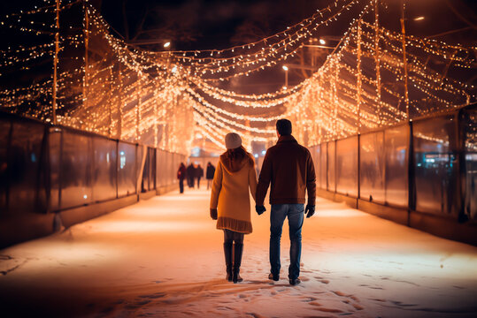 Couple in love, on an evening walk through a winter and christmas decorated street with lights. Concept of love and dating in winter. Shallow field of view.